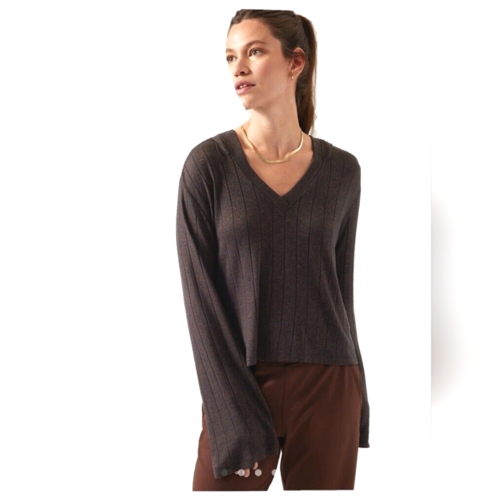 Athleta Harmony Hoodie Sweatshirt Mahogany Heather Ribbed Knit Pullover Sweater